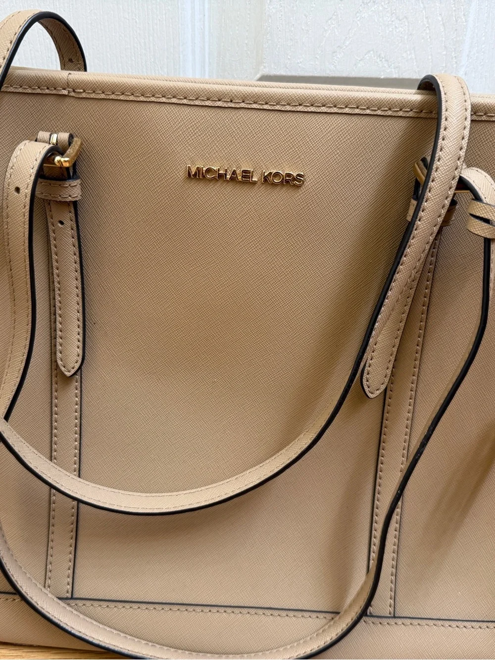 Michael Kors Taupe Leather Saffiano Tote with Gold Charm